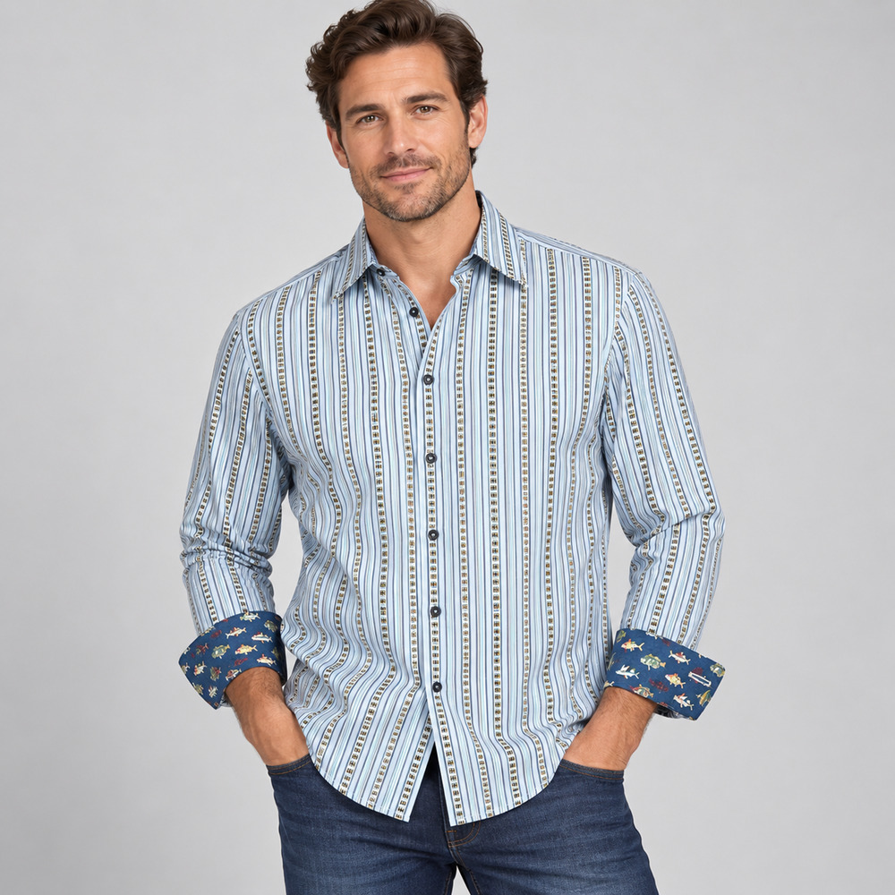 Robert Graham Button Up Shirt Mens L 16.5 Blue Stripe Long Sleeve Flip Cuff